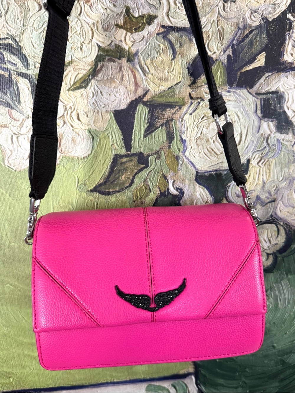Zadig & Voltaire Hot Pink Leather Crossbody Bag with Crystal Wing Accent